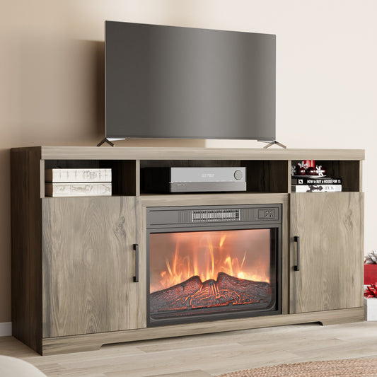 SunsGrove Farmhouse Fireplace TV Stand for TVs 32"/43"/55"/60", Electric Fireplace Insert, Oak Grey