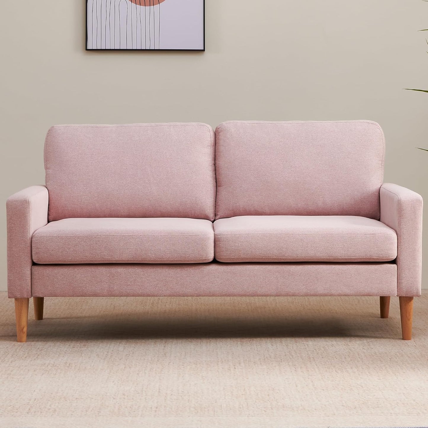 SunsGrove Couch for Small Spaces, 65 Inch Loveseat Sofa 2 Seat Couches for Bedroom, Spring Upholstered Small Sofa Couch with Solid Wood Frame, Tool Free Installation（Pink）