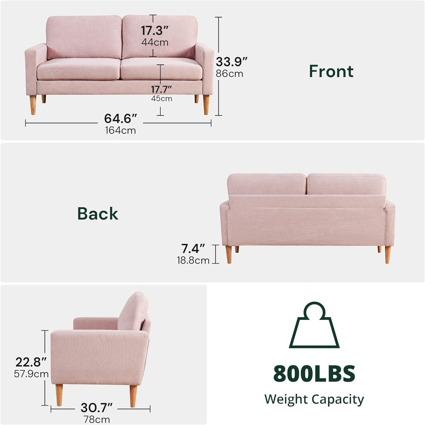 SunsGrove Couch for Small Spaces, 65 Inch Loveseat Sofa 2 Seat Couches for Bedroom, Spring Upholstered Small Sofa Couch with Solid Wood Frame, Tool Free Installation（Pink）