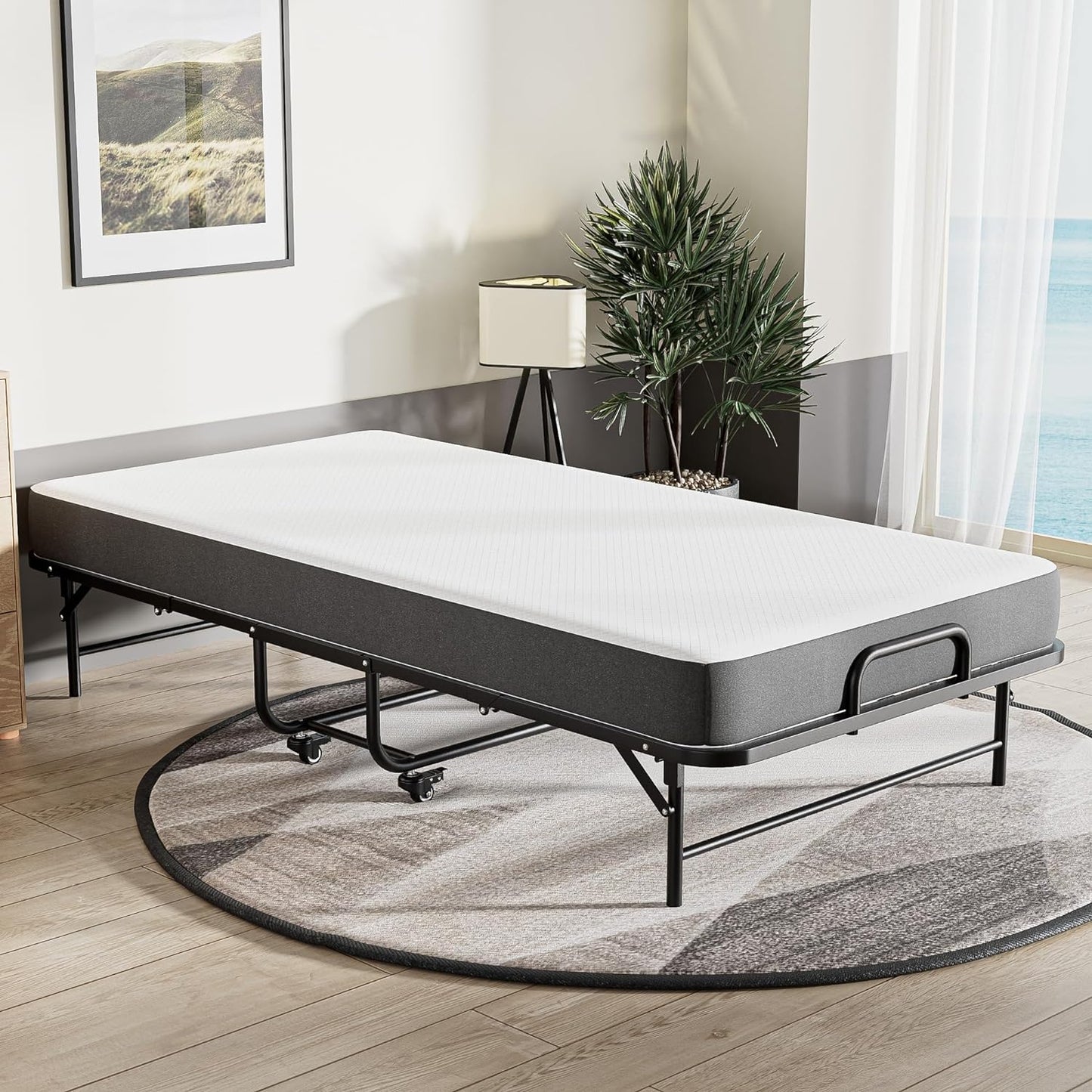 SunsGrove Twin Folding Bed with Mattress, 75" x 38", Rollaway Bed Guest Bed Portable Foldable Extra Bed for Adults, Fold up Bed with 5" Memory Foam Mattress, Space-Saving Sturdy Metal Frame