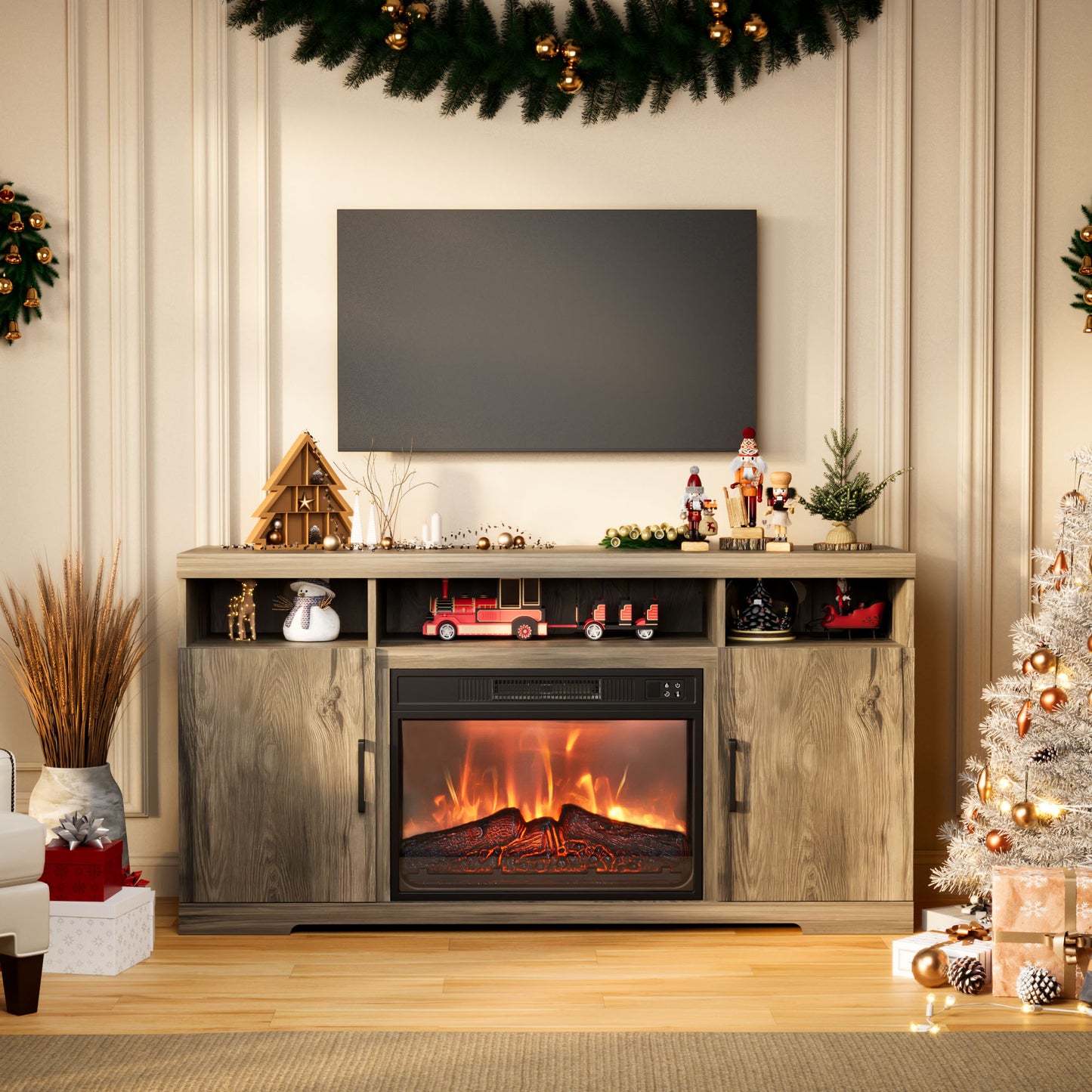 SunsGrove Farmhouse Fireplace TV Stand for TVs 32"/43"/55"/60", Electric Fireplace Insert, Oak Grey