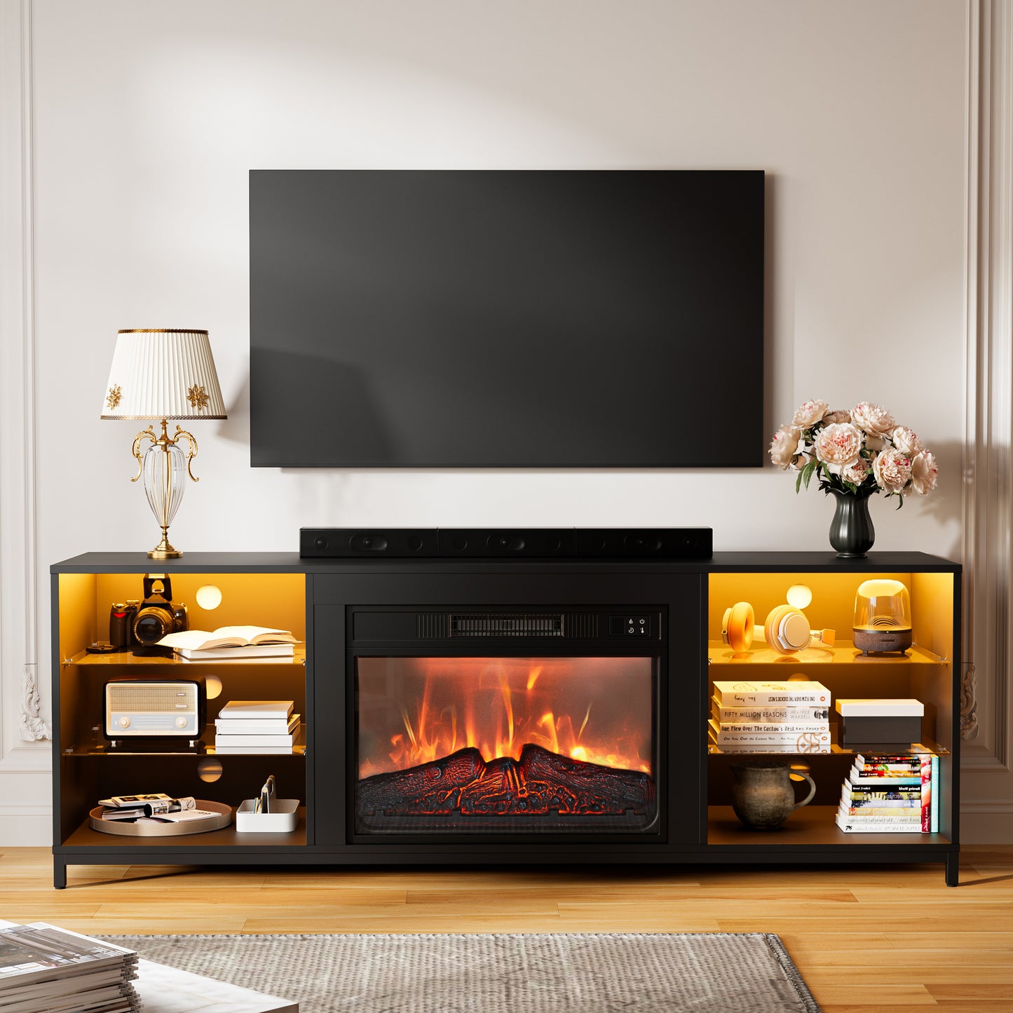 SunsGrove Fireplace TV Stand with Electric Fireplace Insert, Modern Entertainment Center with LED Light & Storage, Wood TV Stand 43"/55"/65"/70" for Living Room/Bedroom