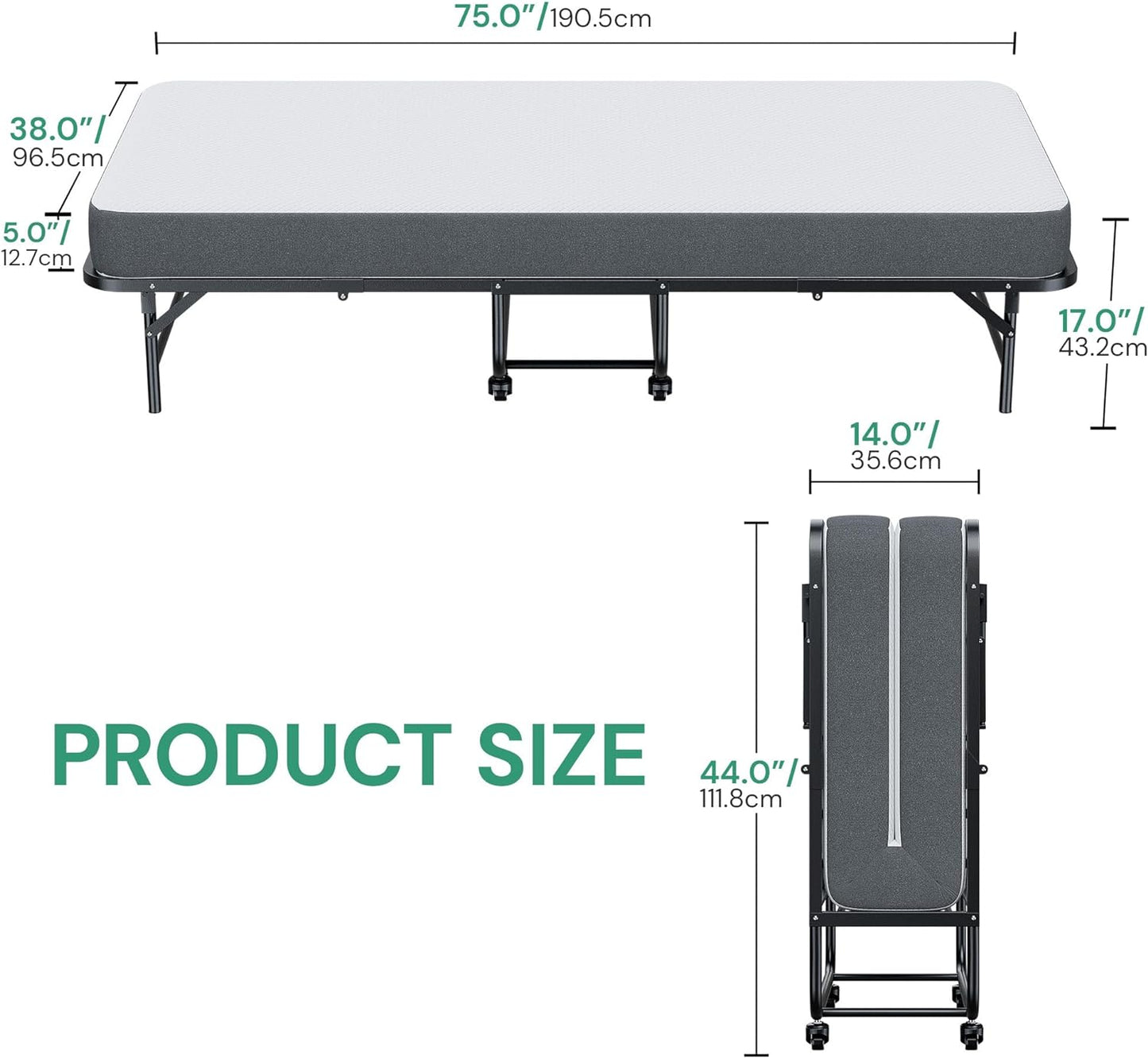 SunsGrove Twin Folding Bed with Mattress, 75" x 38", Rollaway Bed Guest Bed Portable Foldable Extra Bed for Adults, Fold up Bed with 5" Memory Foam Mattress, Space-Saving Sturdy Metal Frame