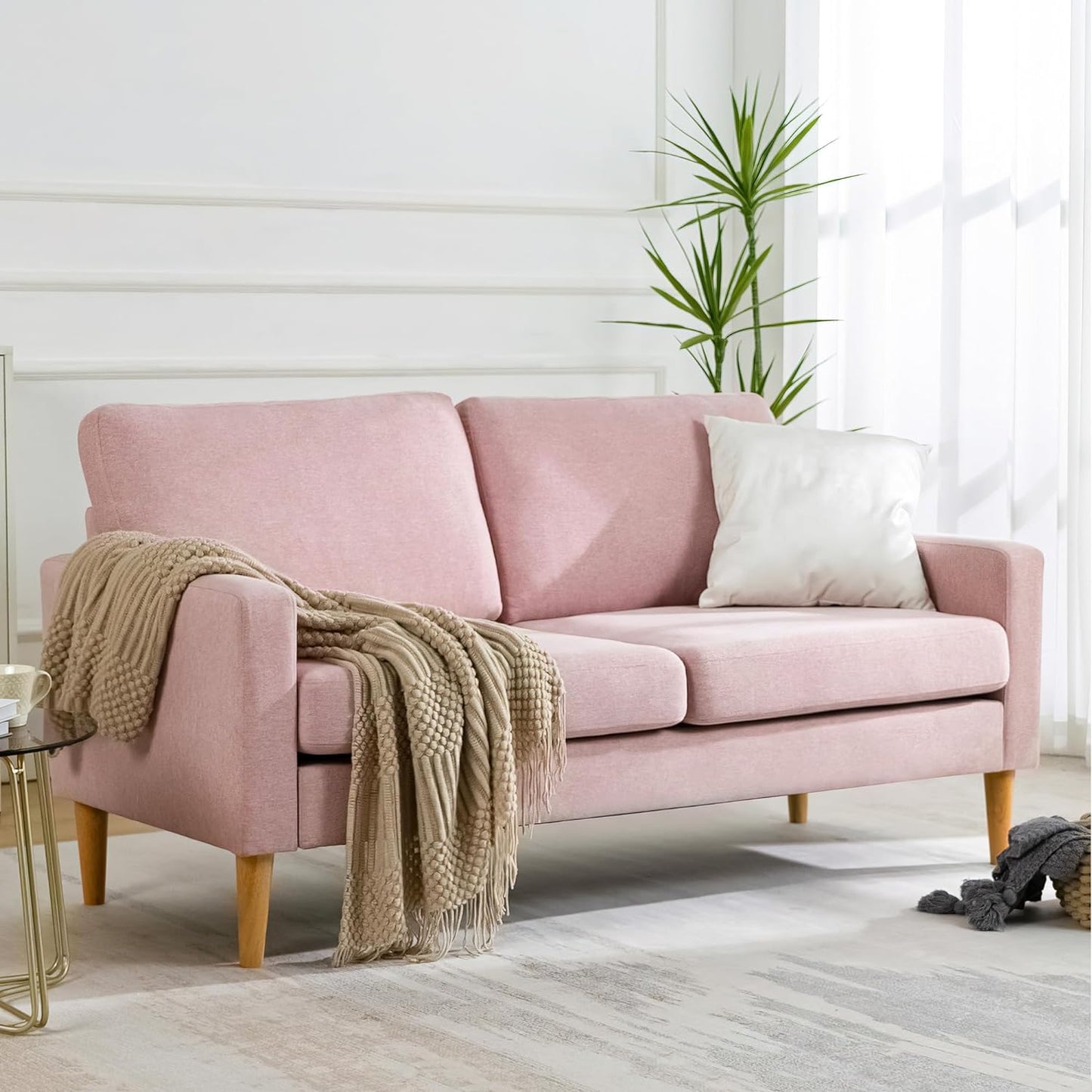 SunsGrove Couch for Small Spaces, 65 Inch Loveseat Sofa 2 Seat Couches for Bedroom, Spring Upholstered Small Sofa Couch with Solid Wood Frame, Tool Free Installation（Pink）