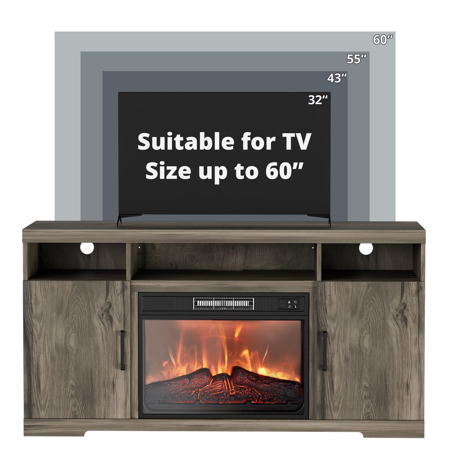 SunsGrove Farmhouse Fireplace TV Stand for TVs 32"/43"/55"/60", Electric Fireplace Insert, Oak Grey